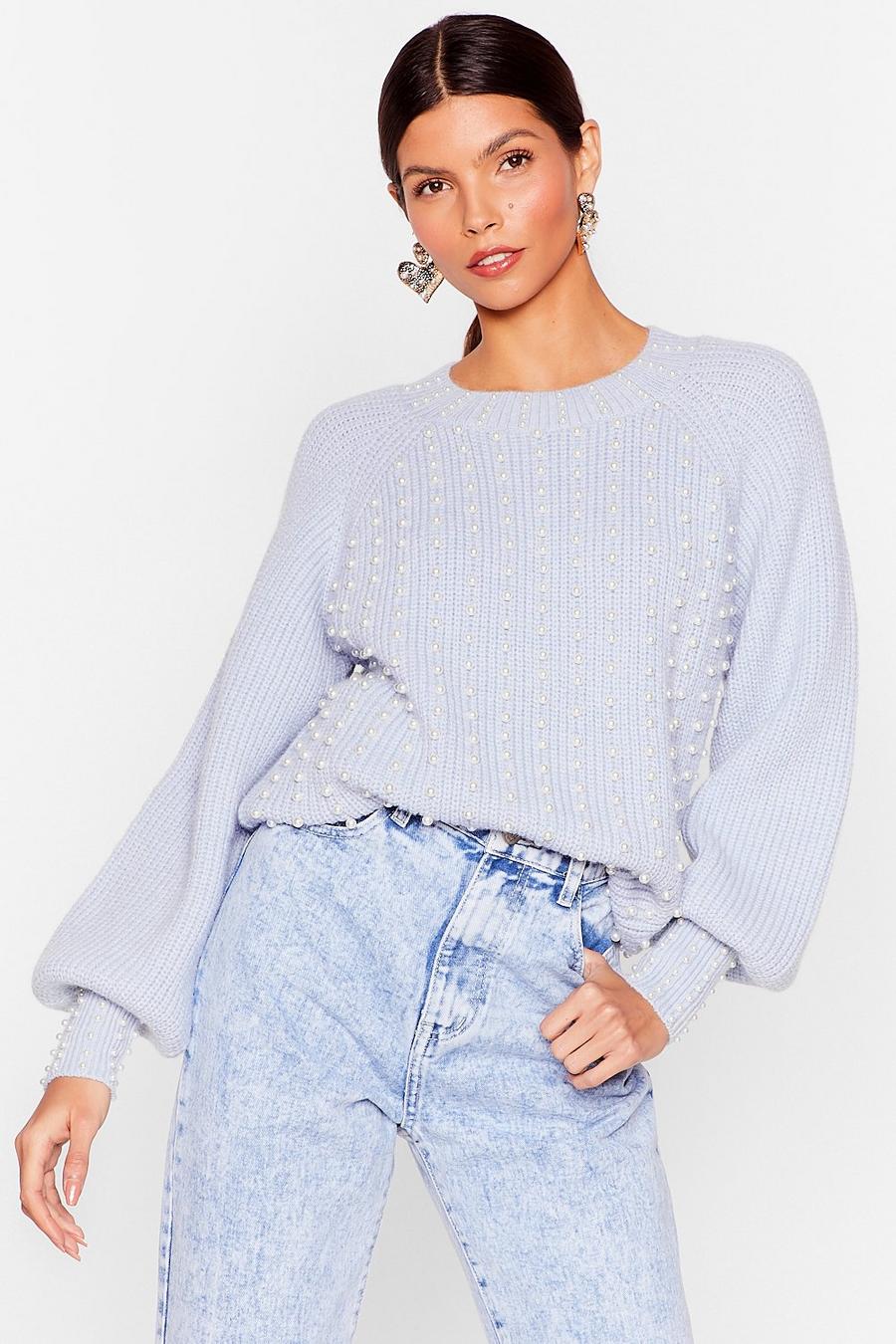 Blue Knitted Pearl-Inspired Relaxed Jumper