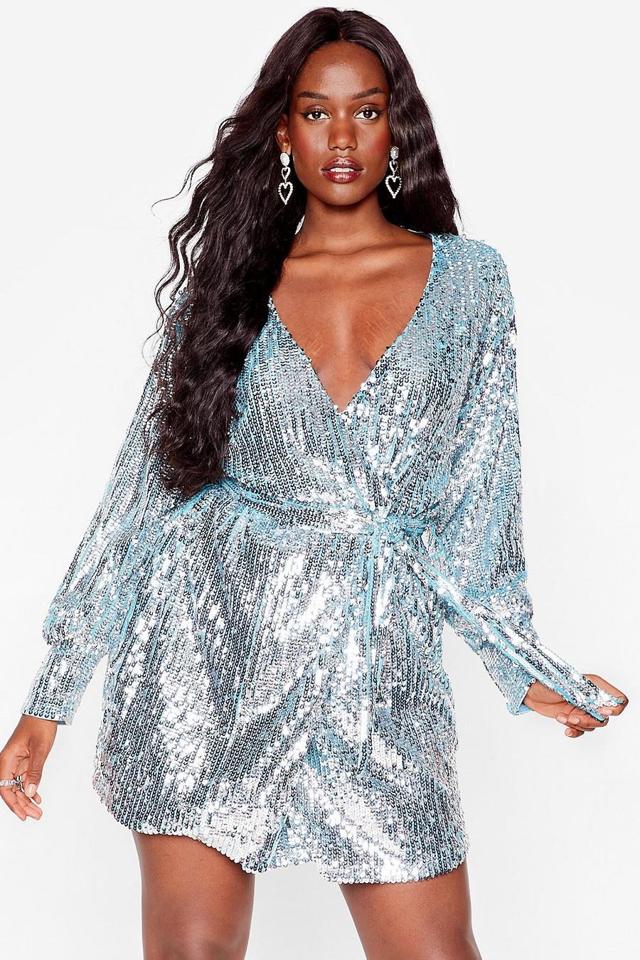 Silver Plus Size Sequin Belted Wrap Dress