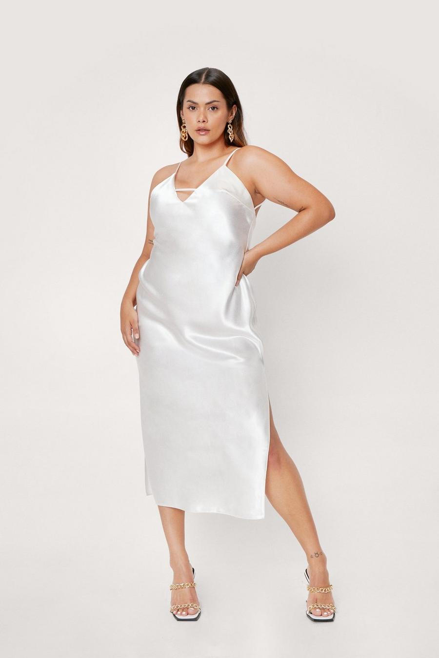 Ivory white Plus Size Strappy Slit Cami Midi Dress