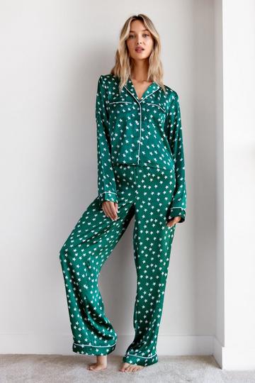 Star Satin Pajama Shirt and Pants Set emerald