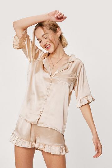 Satin Ruffle Pajama Shirt and Shorts Set coffee