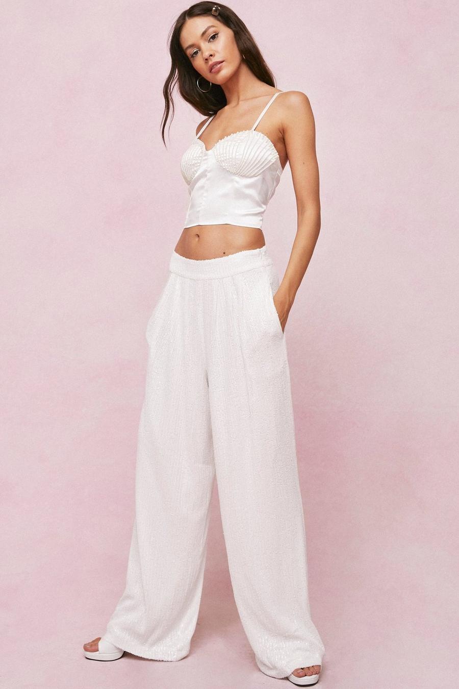 White Sequin Detail High Waisted Wide Leg Trousers