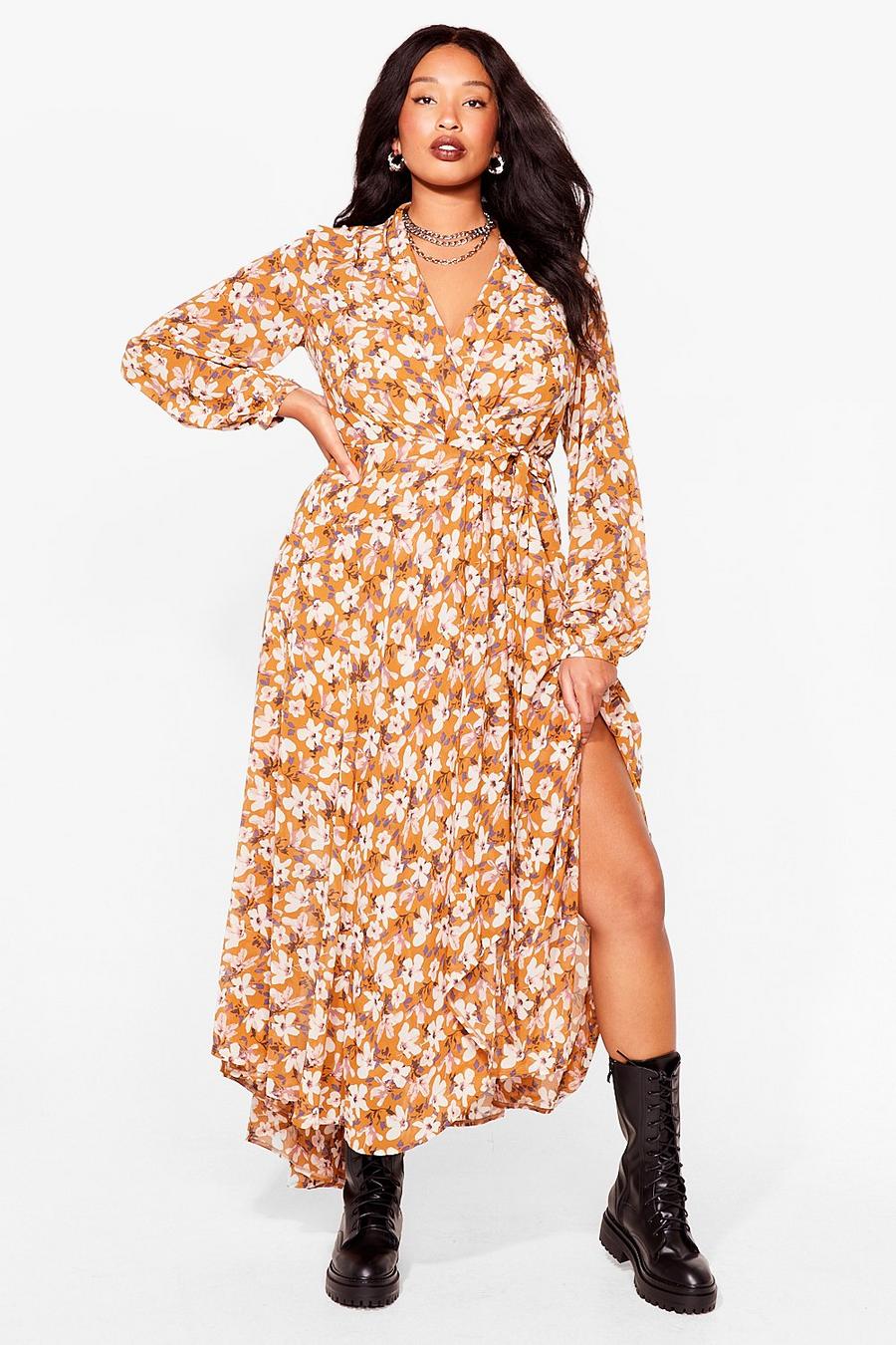 Mustard yellow Plus Size Floral Long Sleeve Maxi Slit Dress image number 1