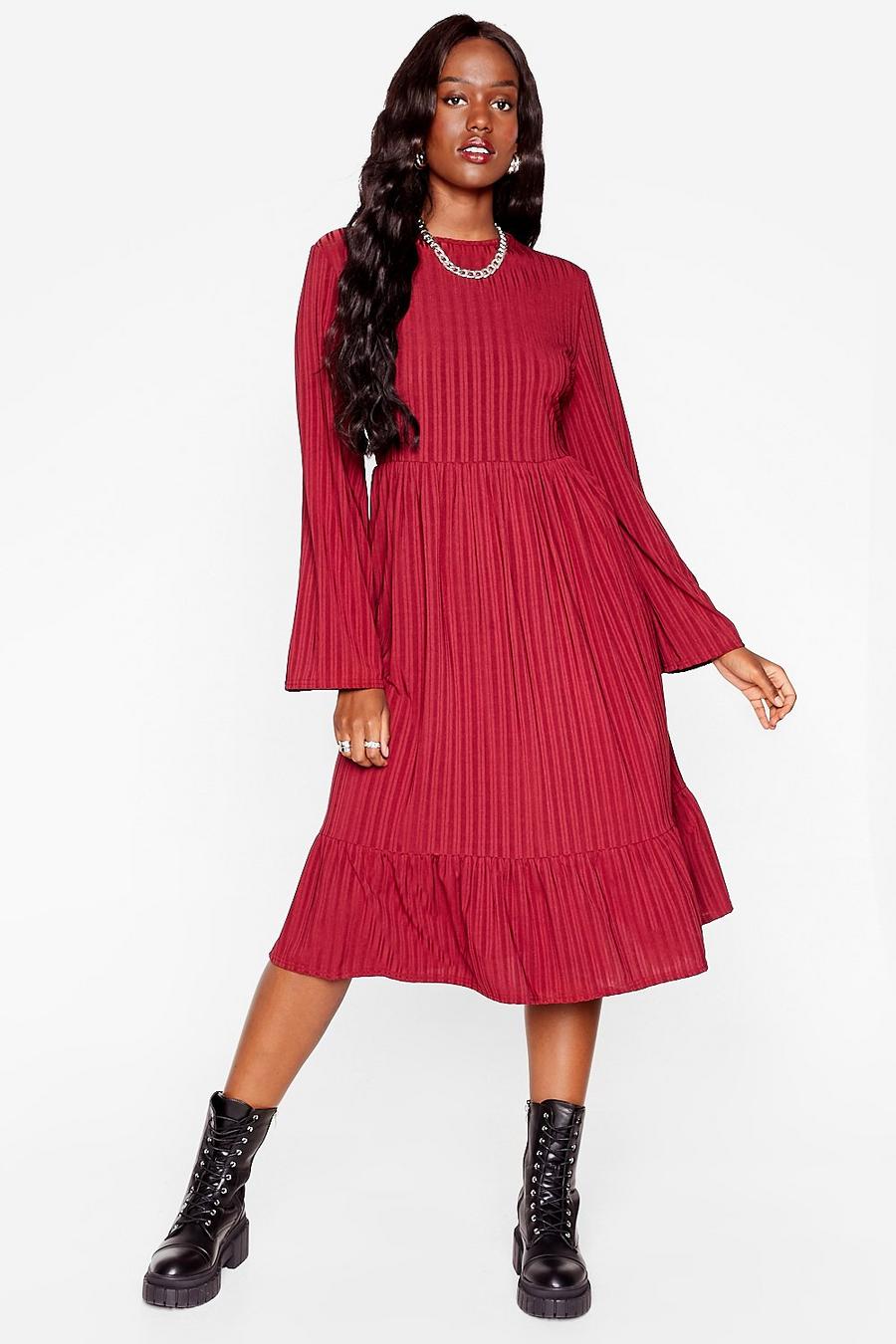 Burgundy red Plus Size Striped Loose Midi Dress