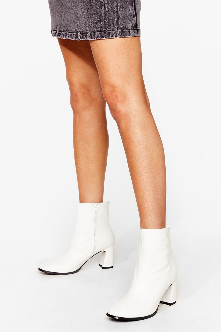 White Faux Leather Flare Heel Sock Boots