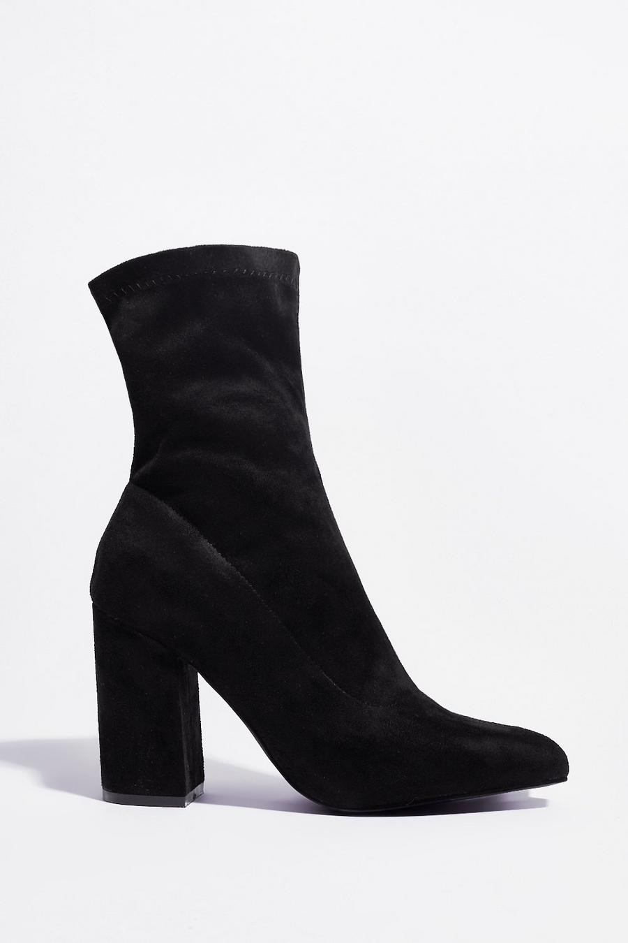 Black Faux Suede Pointed Toe Heeled Boots