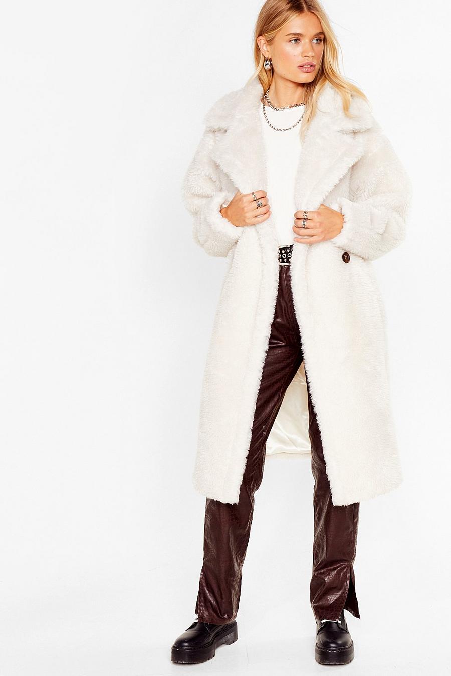 Cream white Oversized Longline Faux Fur Teddy Coat