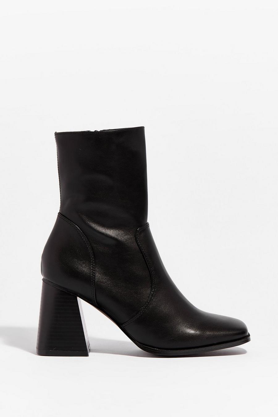 Black Faux Leather Block Heel Zip Up Boots