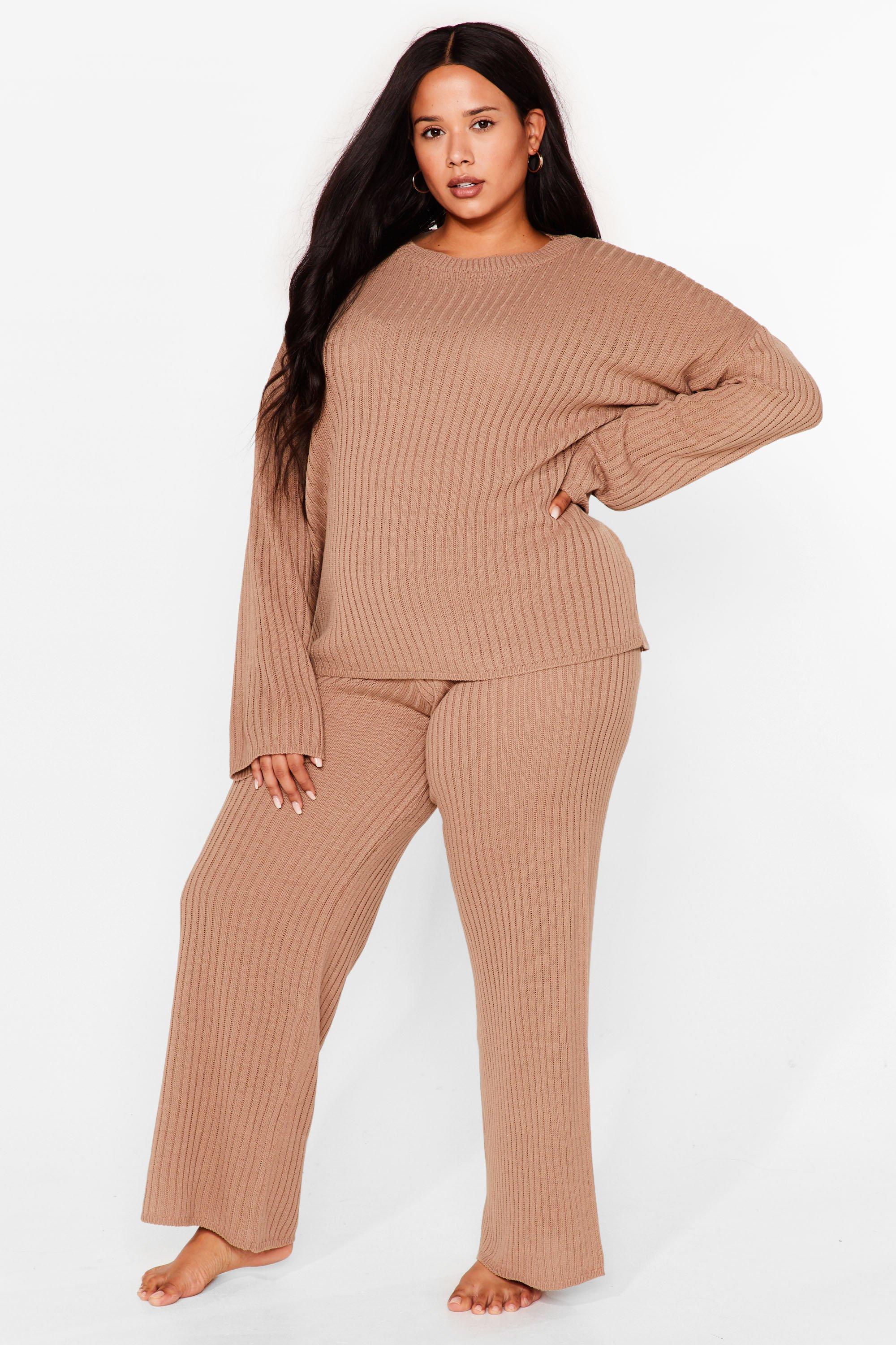 Knit Alone Plus Size Wide Leg Trousers Lounge Set boohoo UK