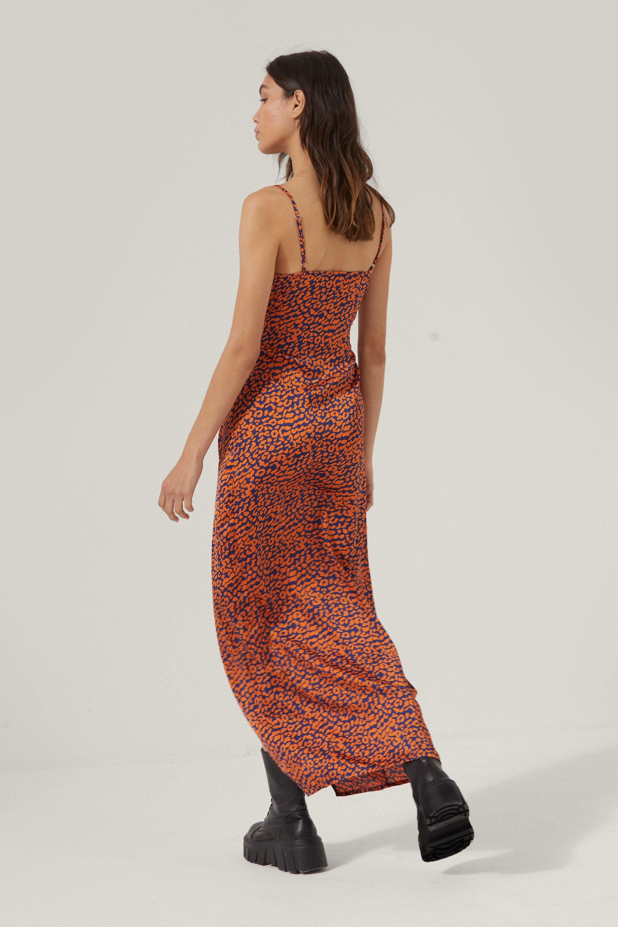 Cheetah Satin Cowl Neck Maxi Dress