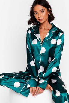 NastyGal emerald My Spotlight Satin Polka Dot Pajama Set