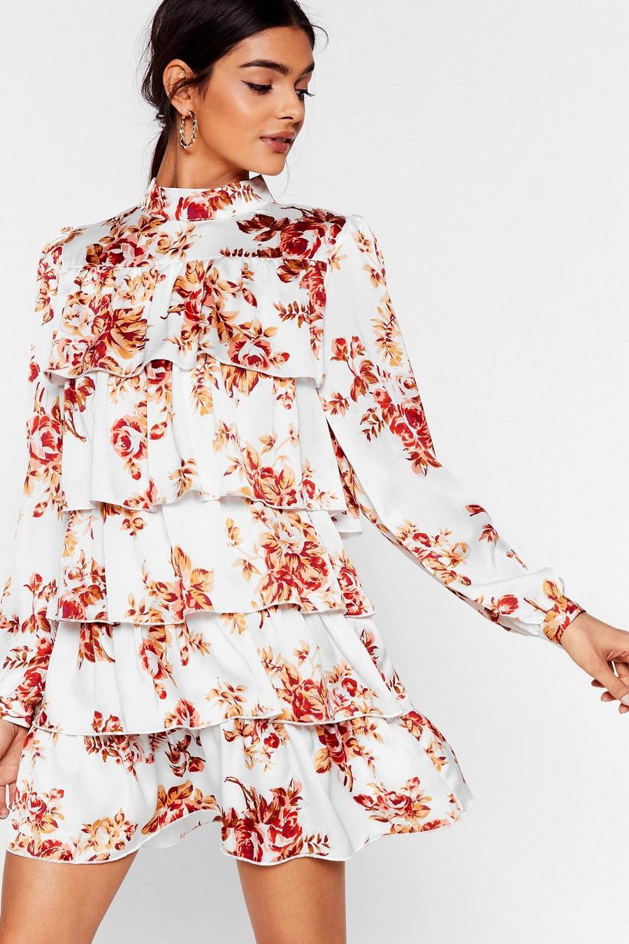 White Floral High Neck Tiered Mini Dress