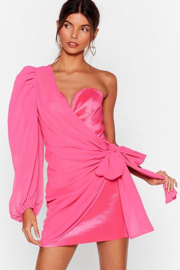 Pink One Shoulder Chiffon Wrap Mini Dress