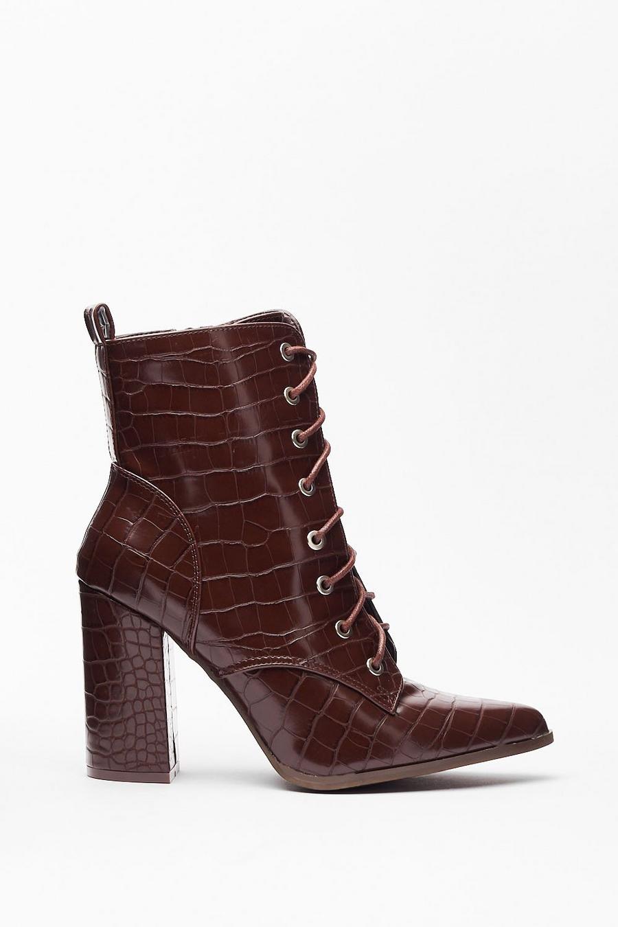 Chocolate brown Croc Embossed Lace Up Heeled Boots