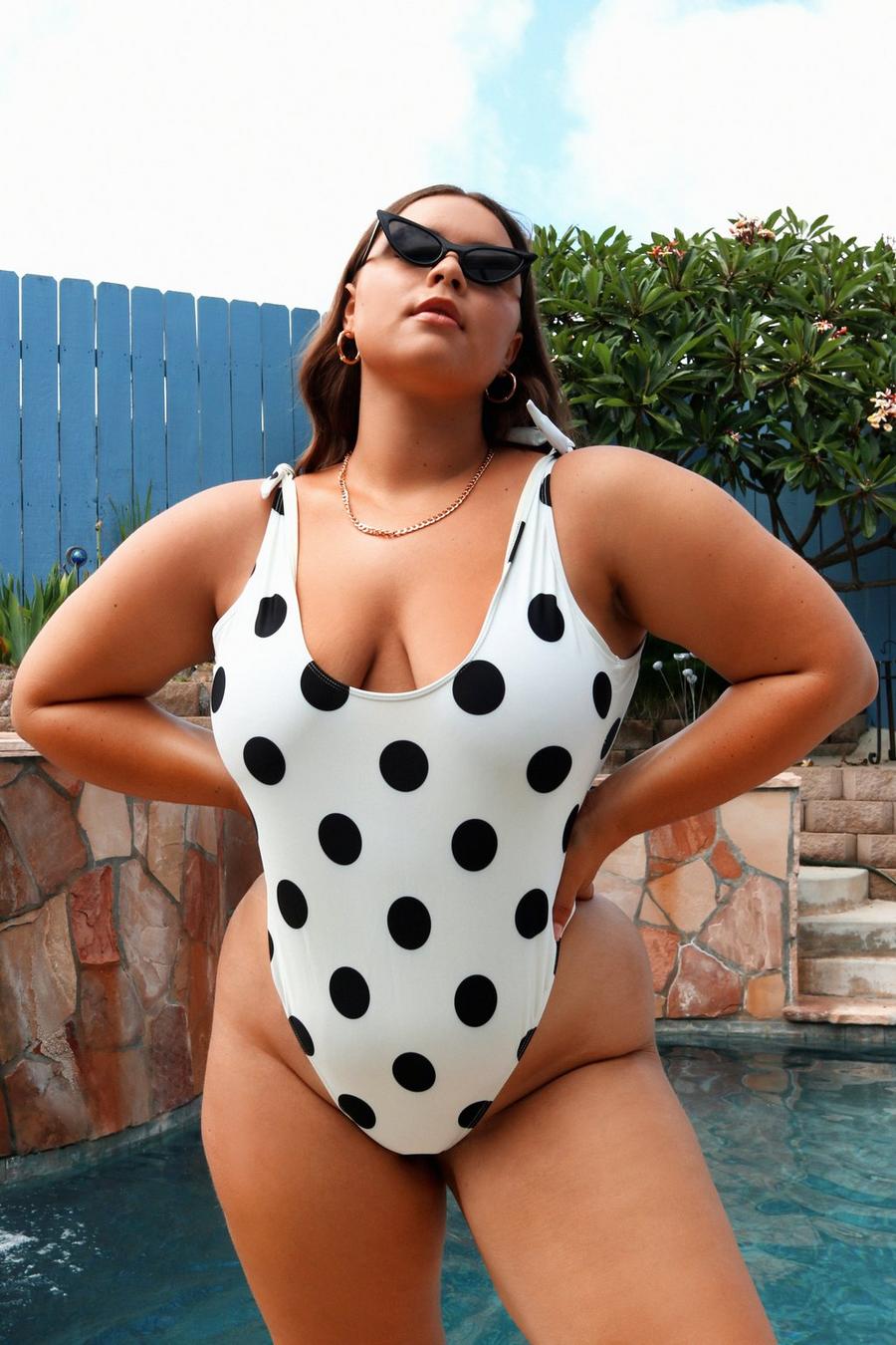 Cream white Plus Size Polka Dot Scoop Neck Swimsuit