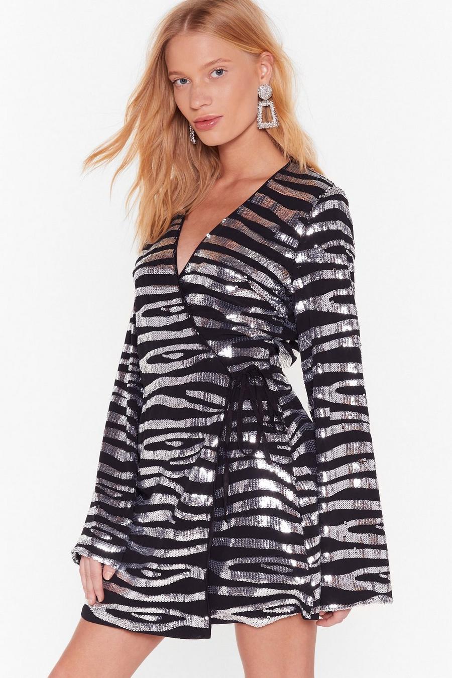 Black  zebra sequin wrap mini dress