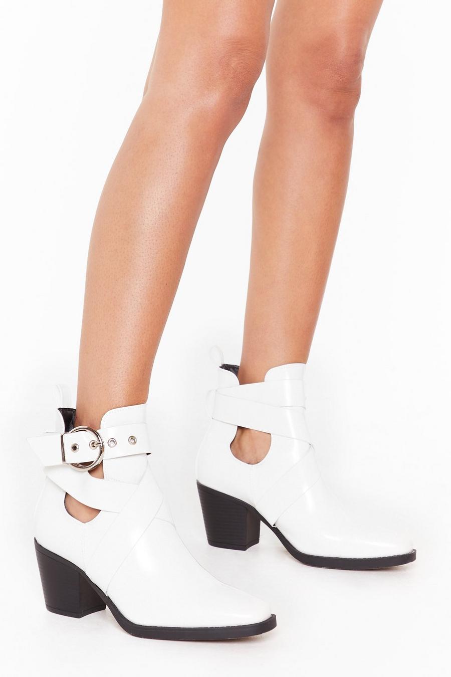 White Wide Fit Cut Out Side Buckle Heeled Boots
