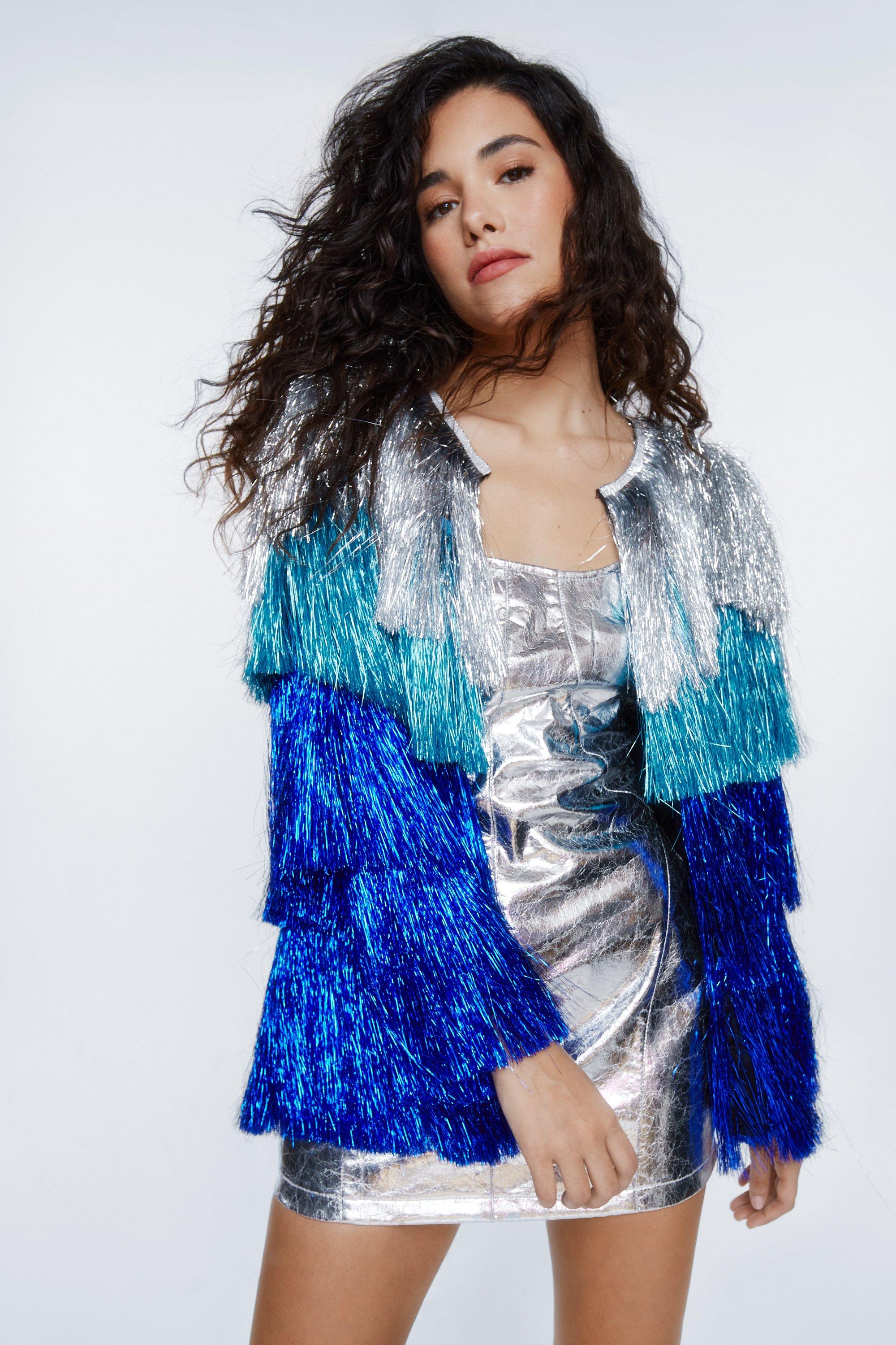 Metallic Tiered Tinsel Fringe Open Front Jacket