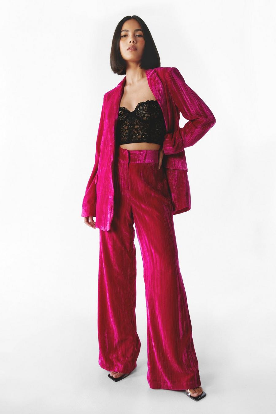 Hot pink Crushed Velvet High Waisted Wide Leg Trousers
