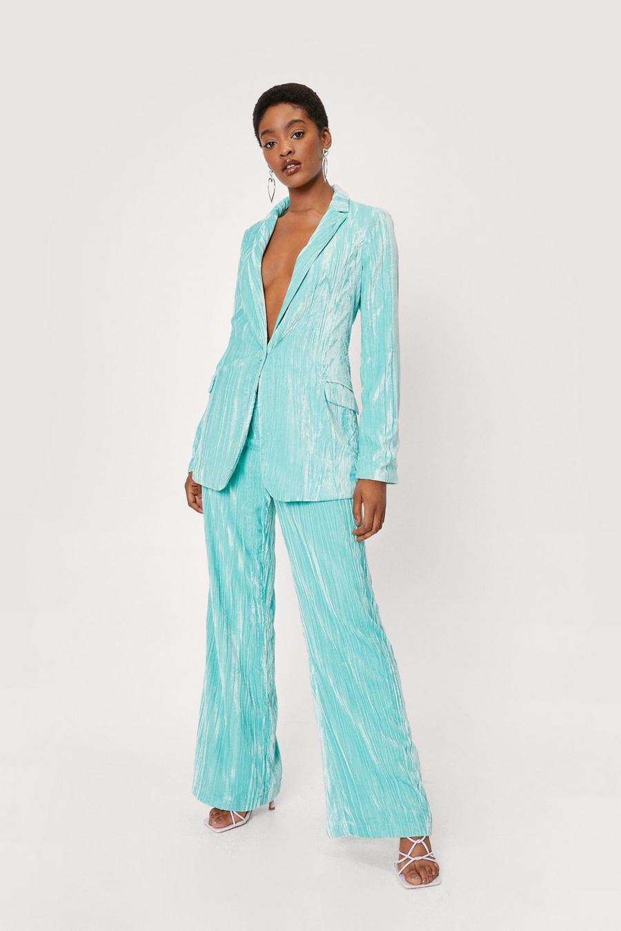 Mint Crushed Velvet High Waisted Wide Leg Abstract Trousers