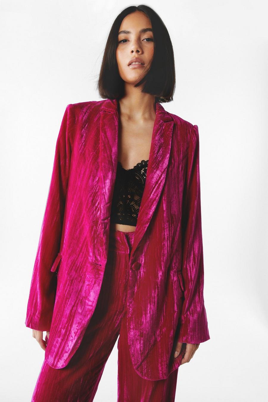 Hot pink Velvet V Neck Oversized Blazer