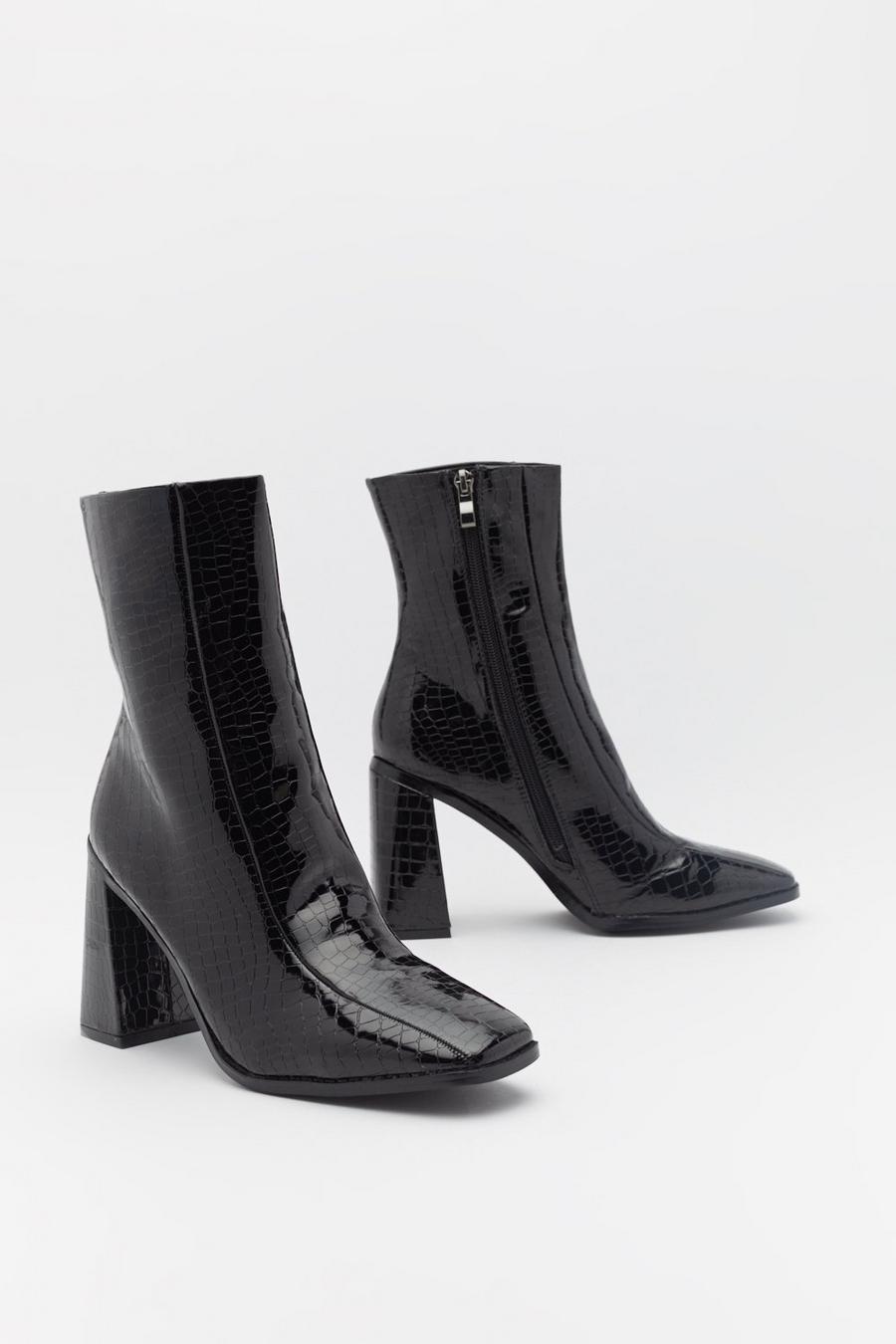 Black Croc Square Toe Flared Heel Boots