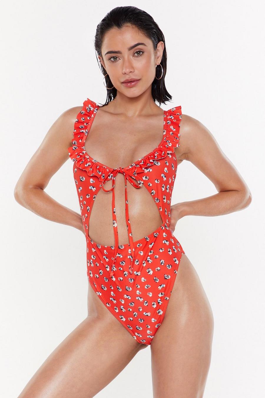 Red Floral Ruffle Neck Cut Out Swimsuit