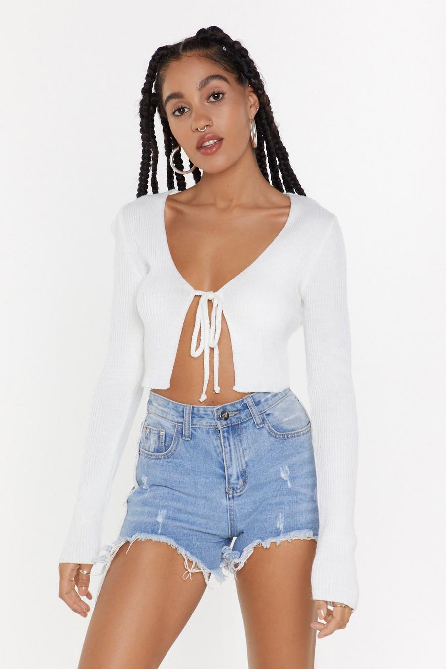 White We All Love a Tie-r Cropped Cardigan