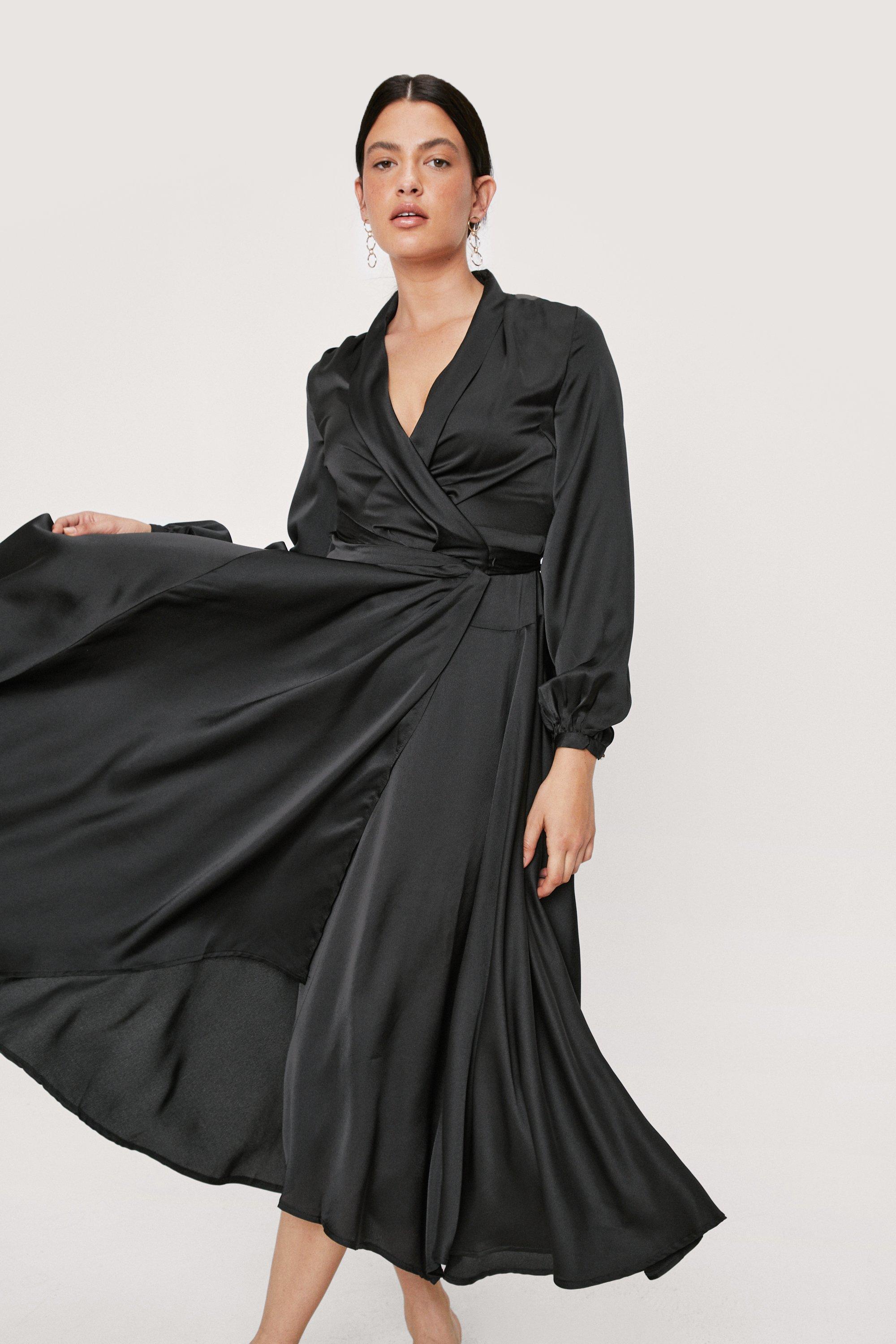 Black satin long store sleeve wrap dress