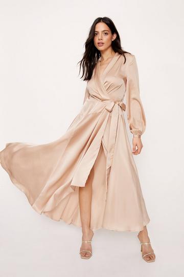 Satin V Neck Tie Maxi Dress rose