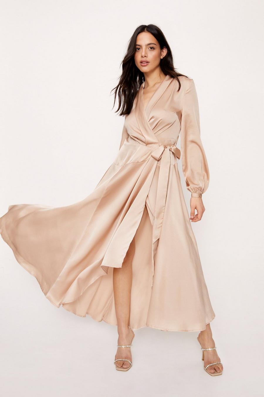 Rose Satin Long Sleeve Maxi Wrap Dress image number 1