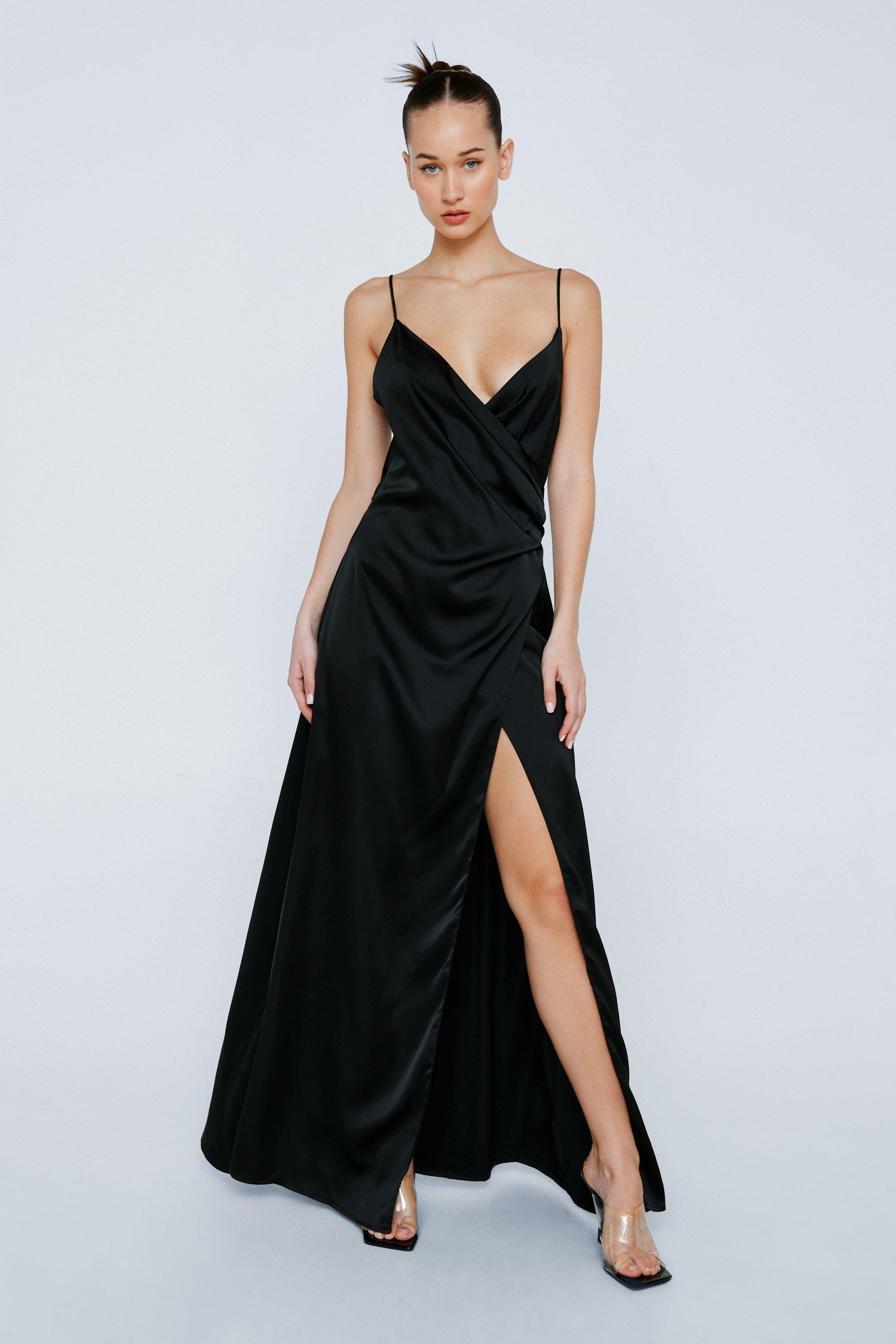 Black satin floor length dress sale