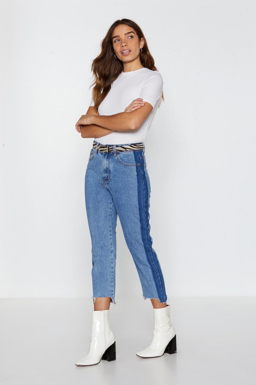 Blue Two Tone Cropped Mom Jeans