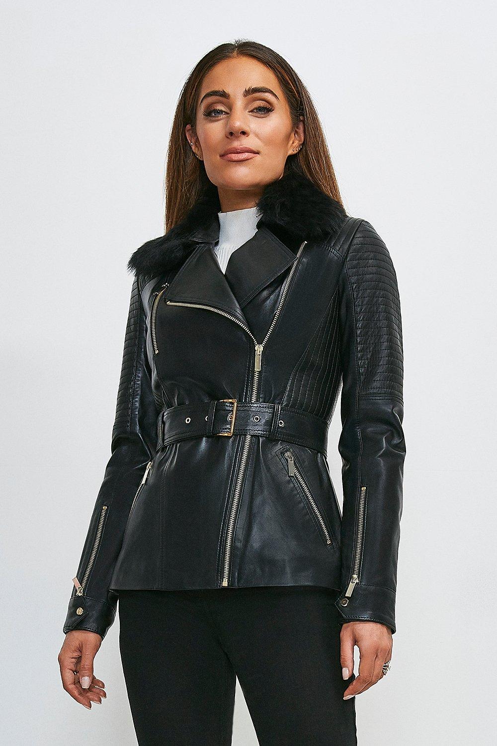 KarenMillen Leather And Shearling Collar Biker Jacket | Debenhams