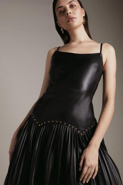 KarenMillen  Leather Pleat And Stud Detail Midi Dress