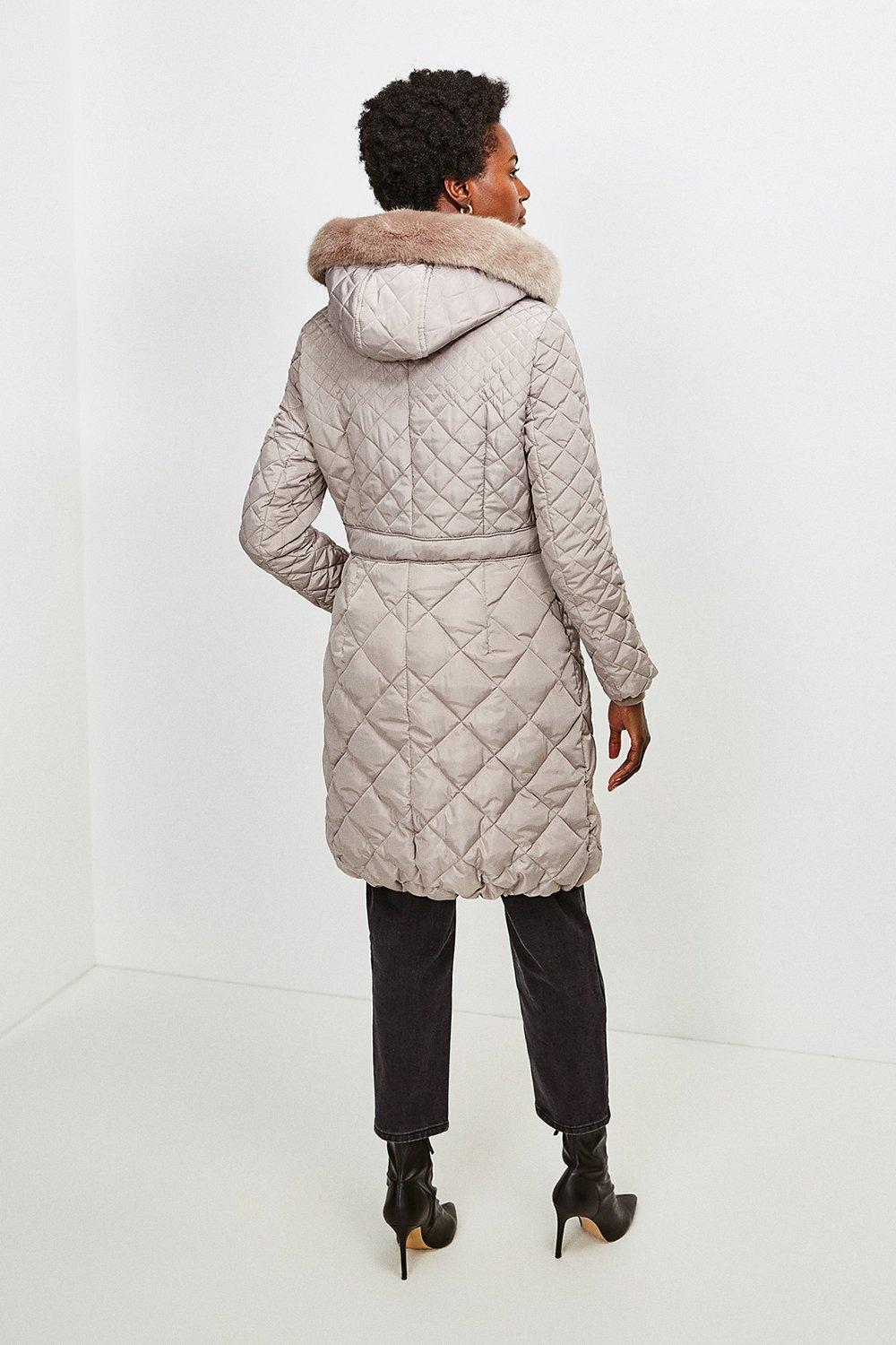 long quilted faux fur trimmed hood coat