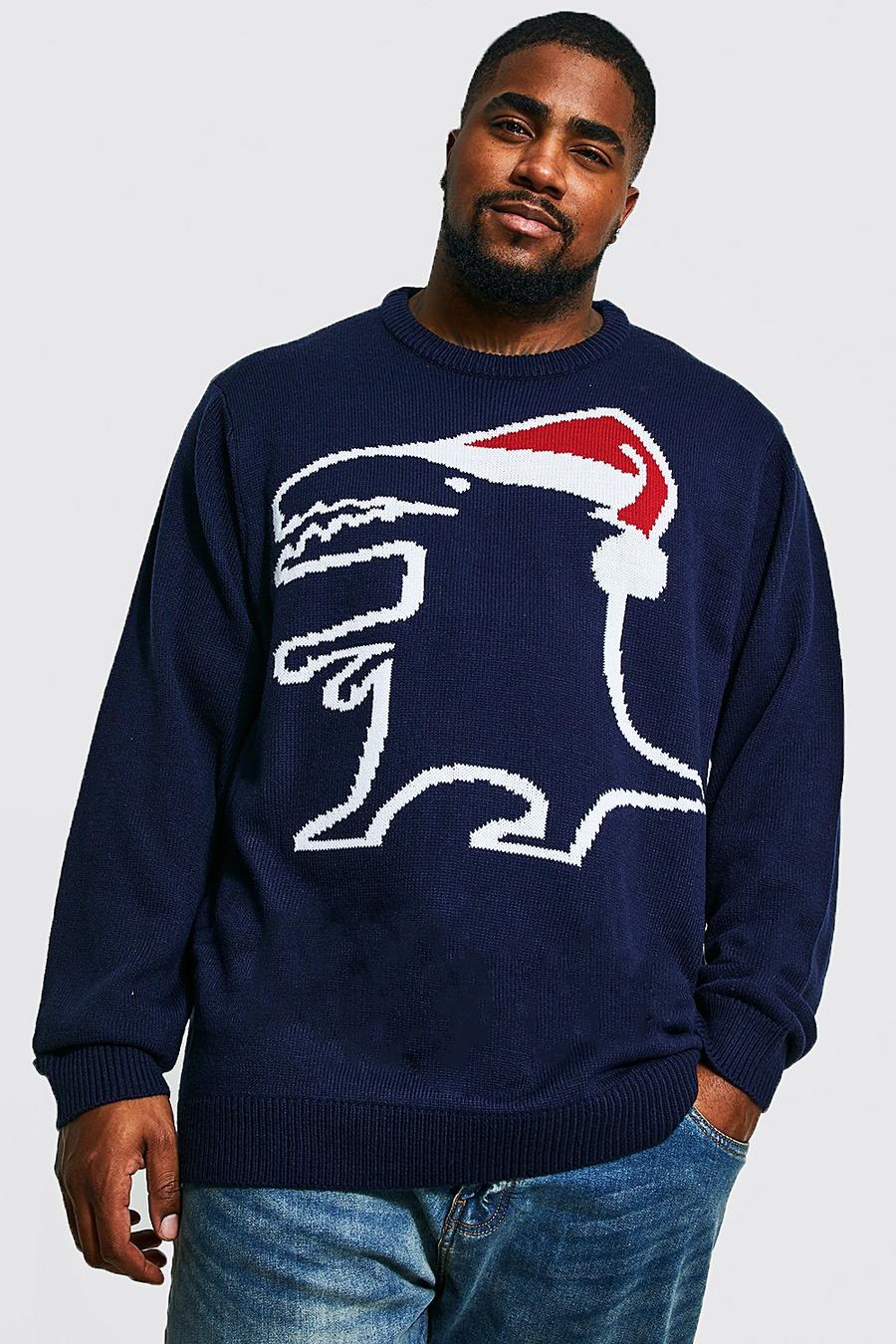 Navy Plus Size Dino Christmas Jumper image number 1
