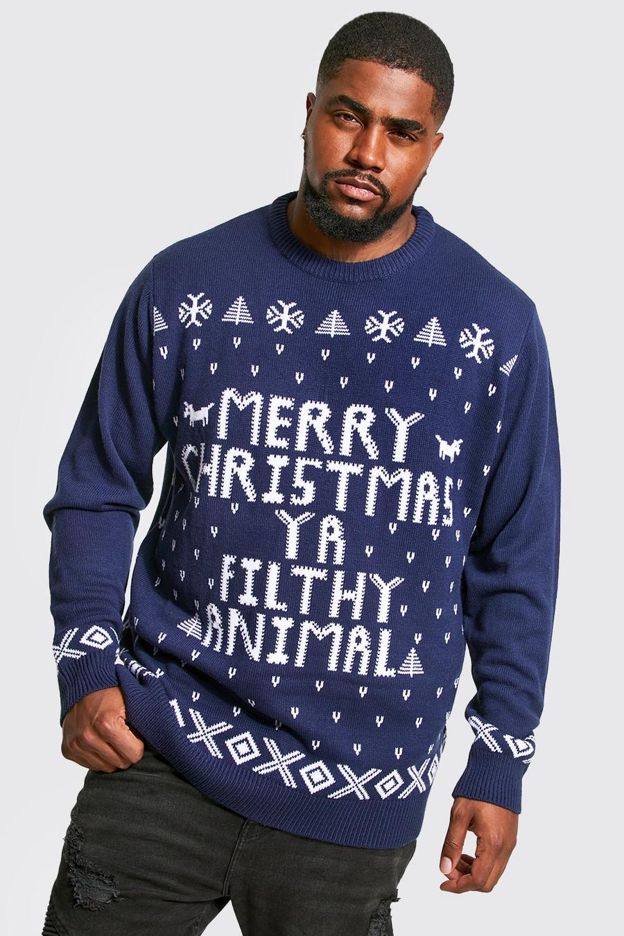 נייבי סוודר לחג המולד עם כיתוב Ya Filthy Animal, מידות גדולות image number 1