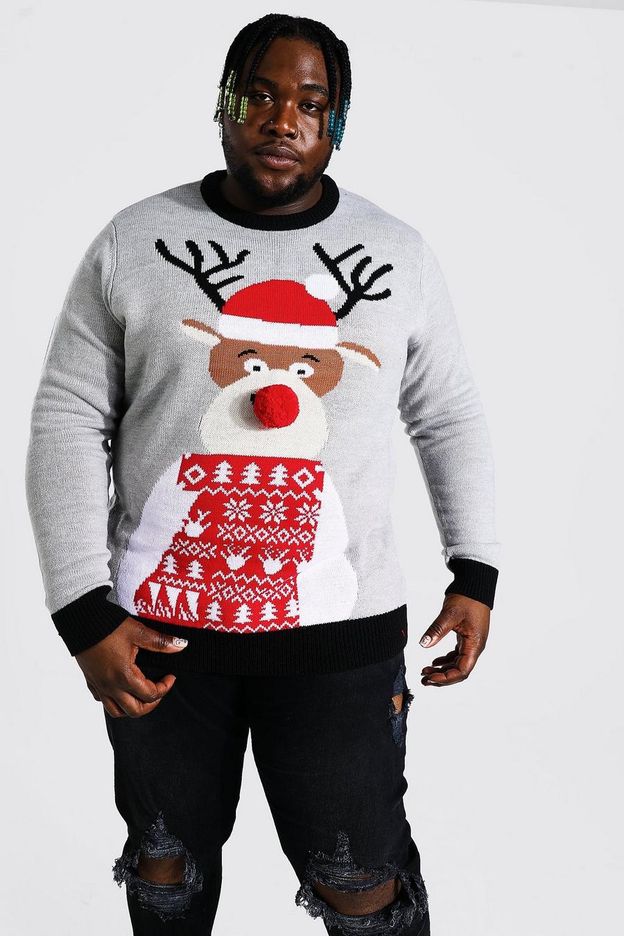 Grey marl Plus Size Reindeer Santa Christmas Jumper image number 1
