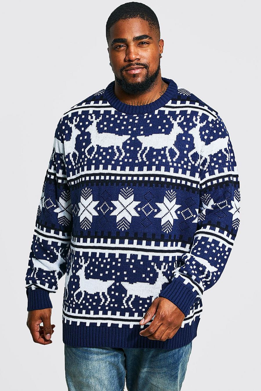 Maglione Plus Size natalizio con renne e motivi Fair Isle, Navy azul marino image number 1