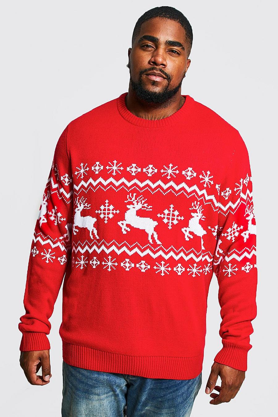 Red rosso Plus Size Reindeer Panel Christmas Jumper