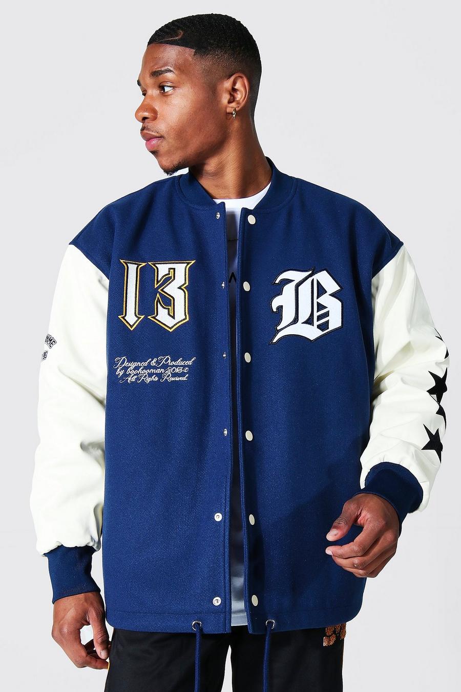 Navy Oversized Straight Hem Varsity Bomber image number 1