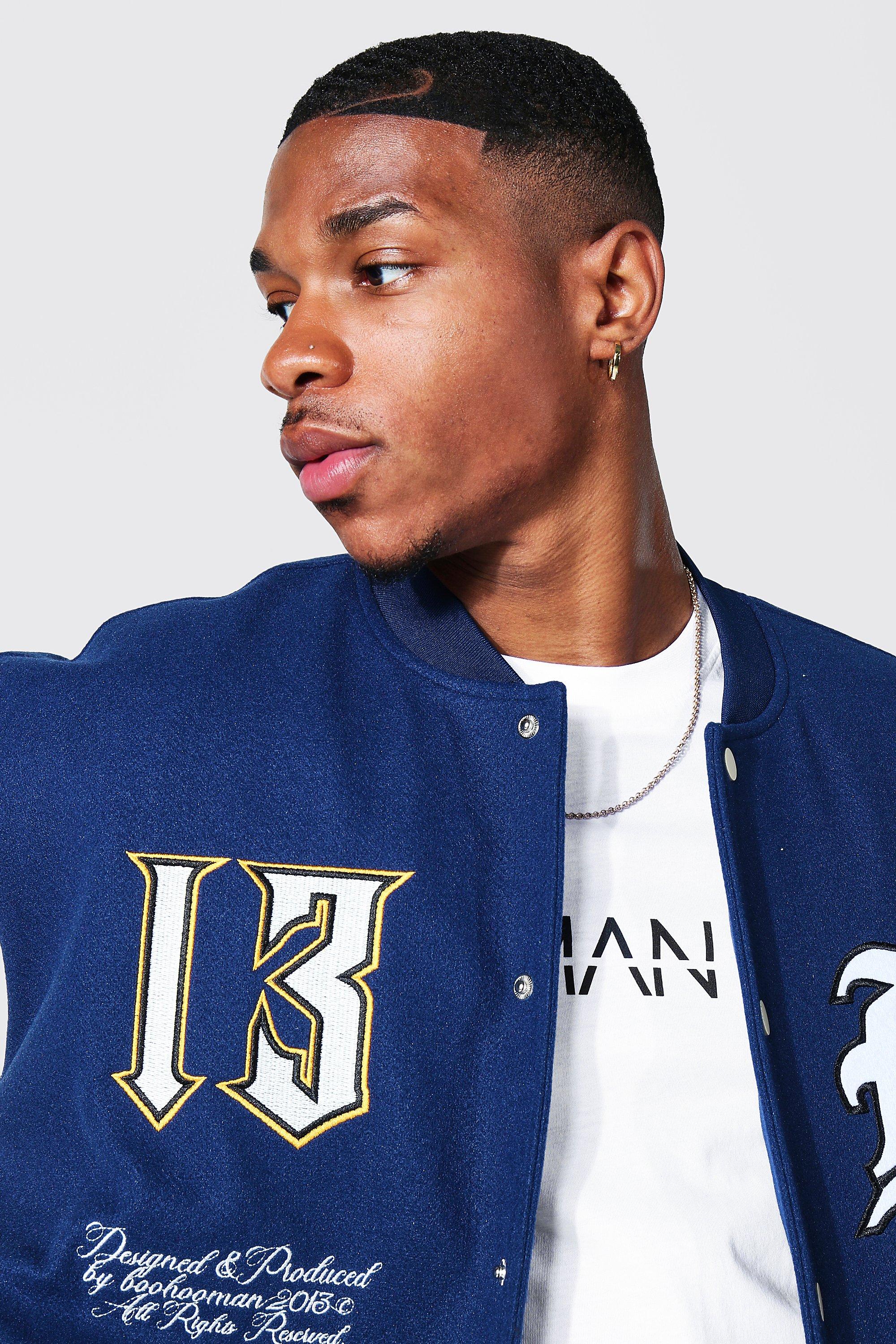 boohooMAN Mens Oversized Varsity Bomber Jacket - Blue