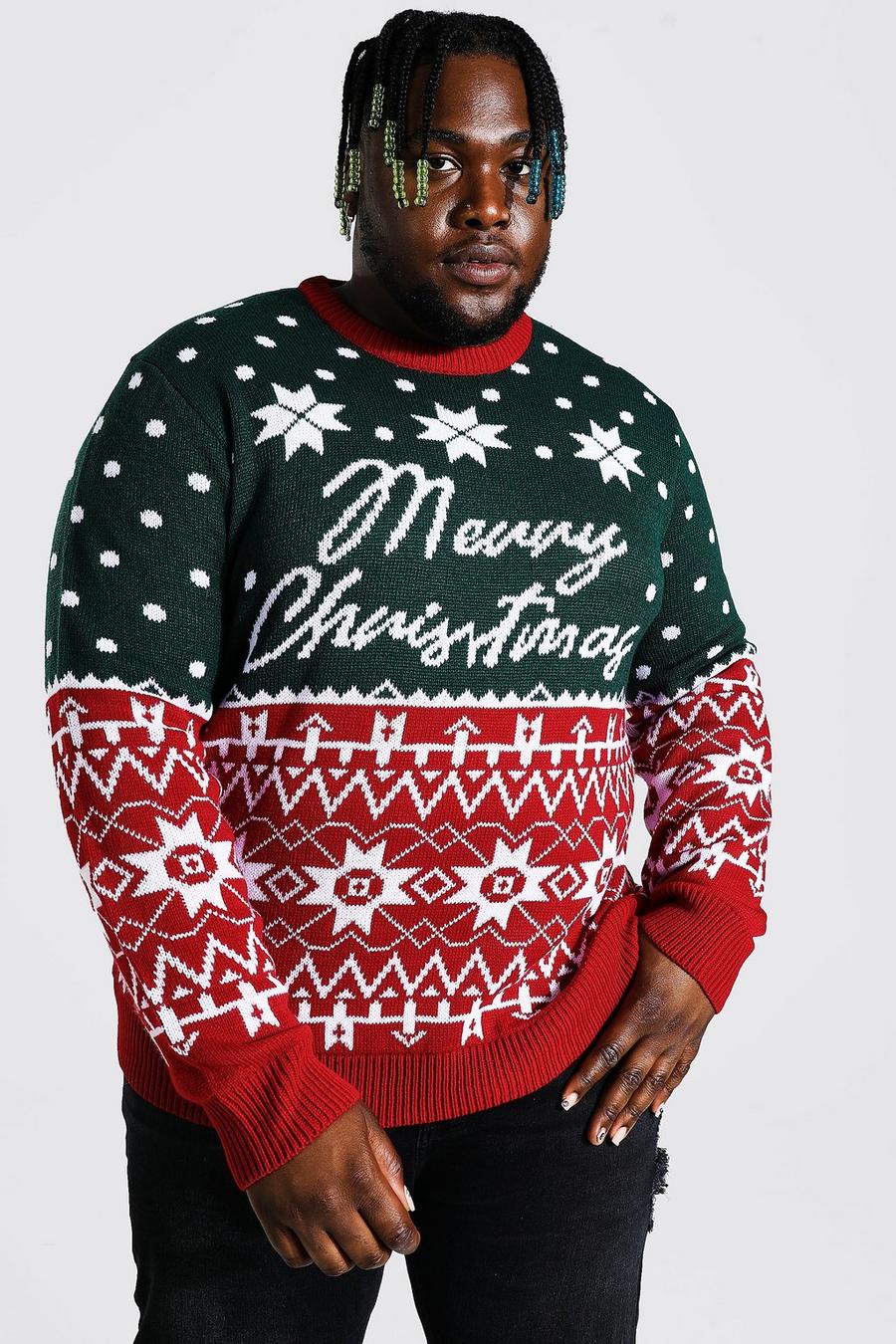 Green grön Plus Size Merry Christmas Knitted Jumper image number 1