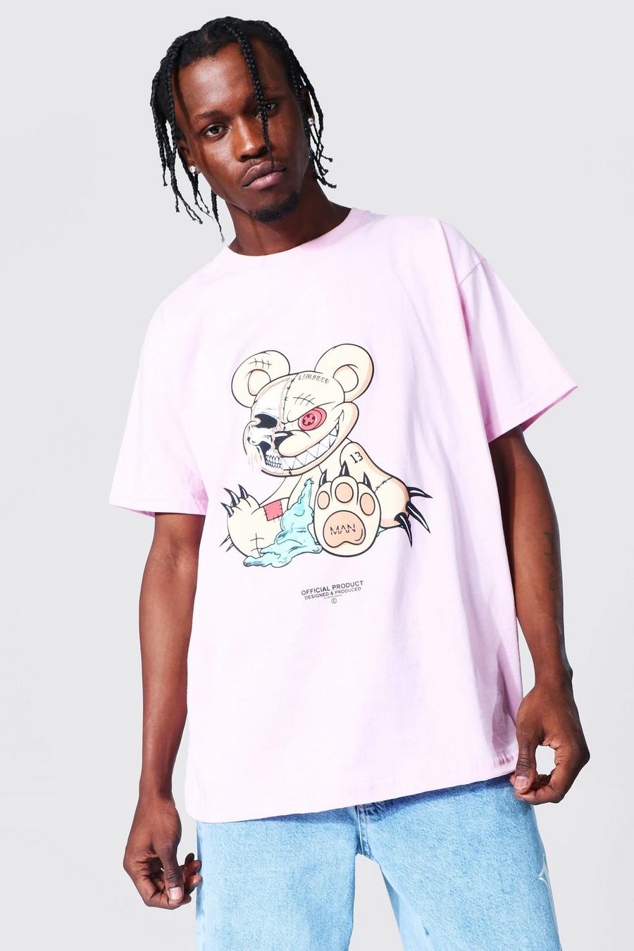 Camiseta ancha con estampado de oso de peluche, Rosa claro image number 1