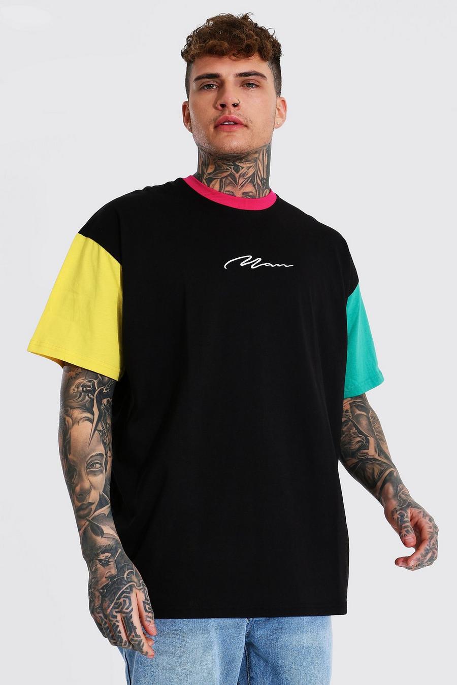 Black schwarz Man Signature Oversized Colour Block T-Shirt image number 1