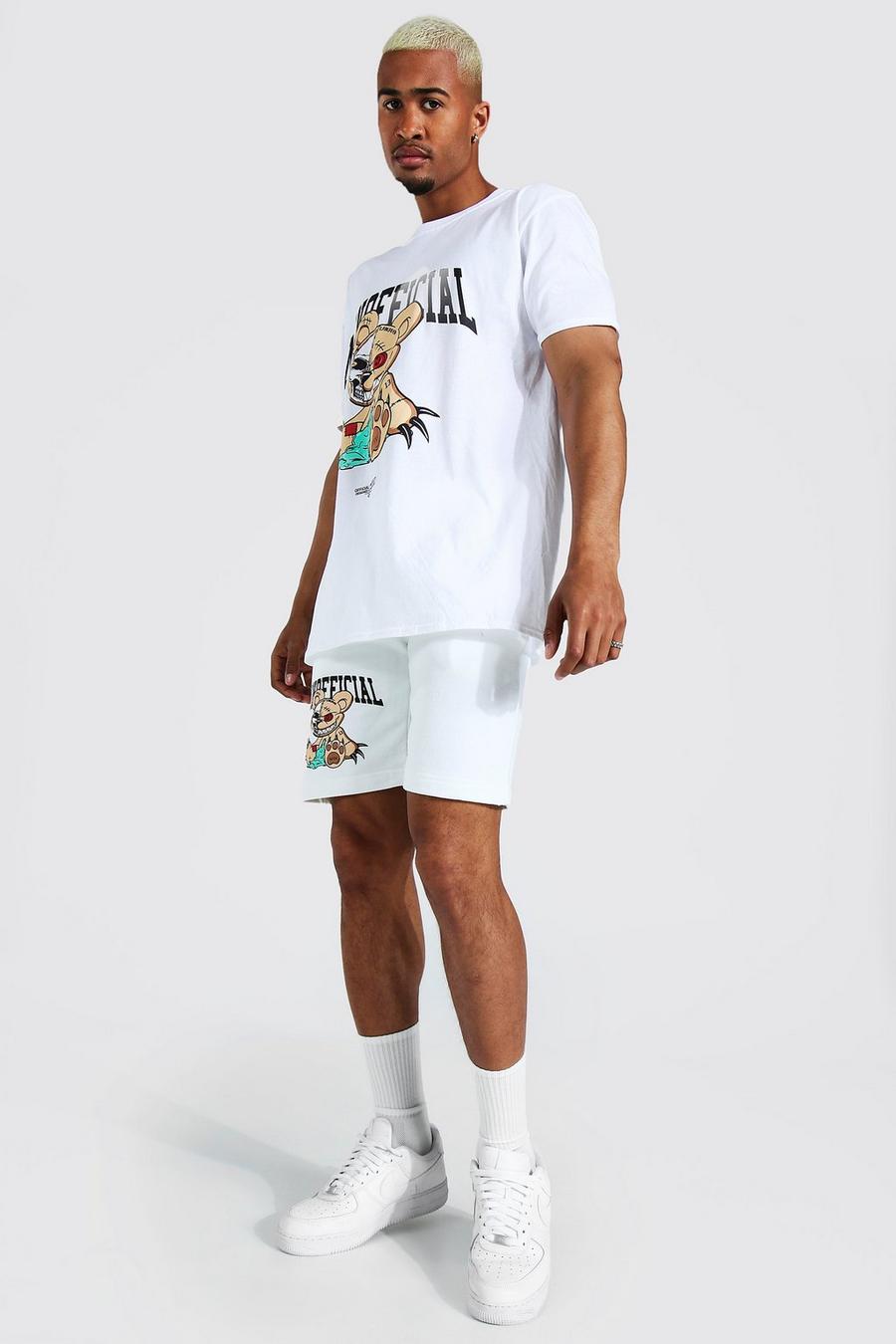 Ensemble t-shirt et short oversize imprimé teddy, Blanc image number 1