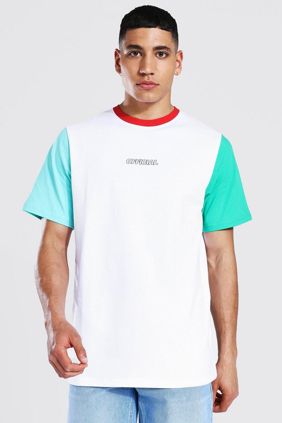 T-shirt cargo regular a blocchi di colore con scritta Official, Bianco image number 1