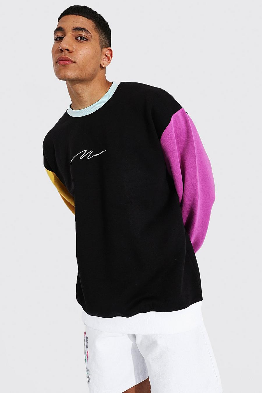Black svart Man Signature Oversize sweatshirt med blockfärger image number 1