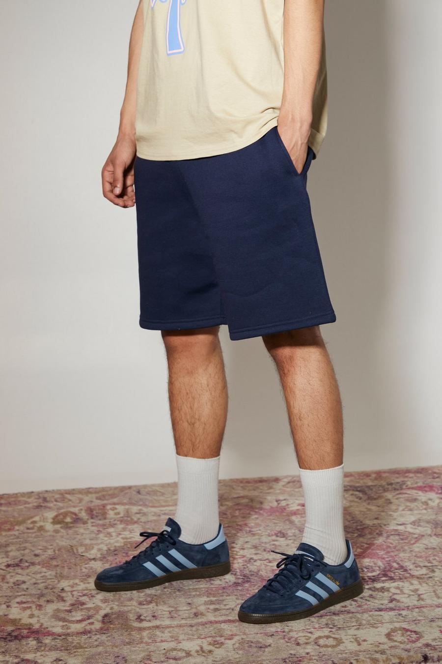 Mittellange lockere Basic Jersey-Shorts, Navy marine